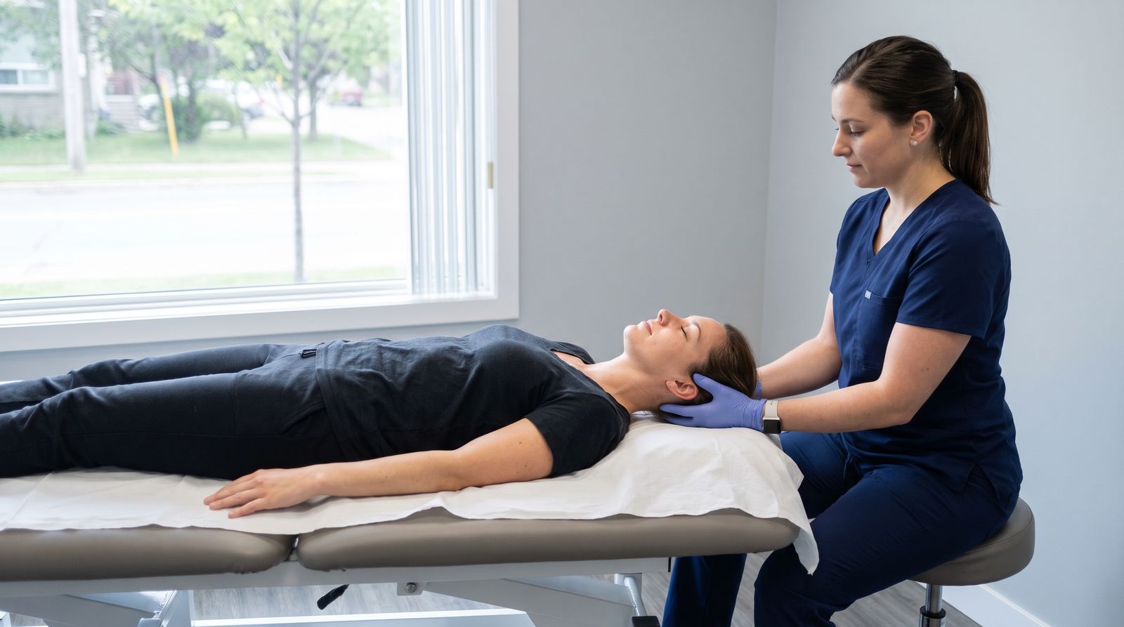 A clinician cradles the back of a patient's head and neck as she lies on a treatment table