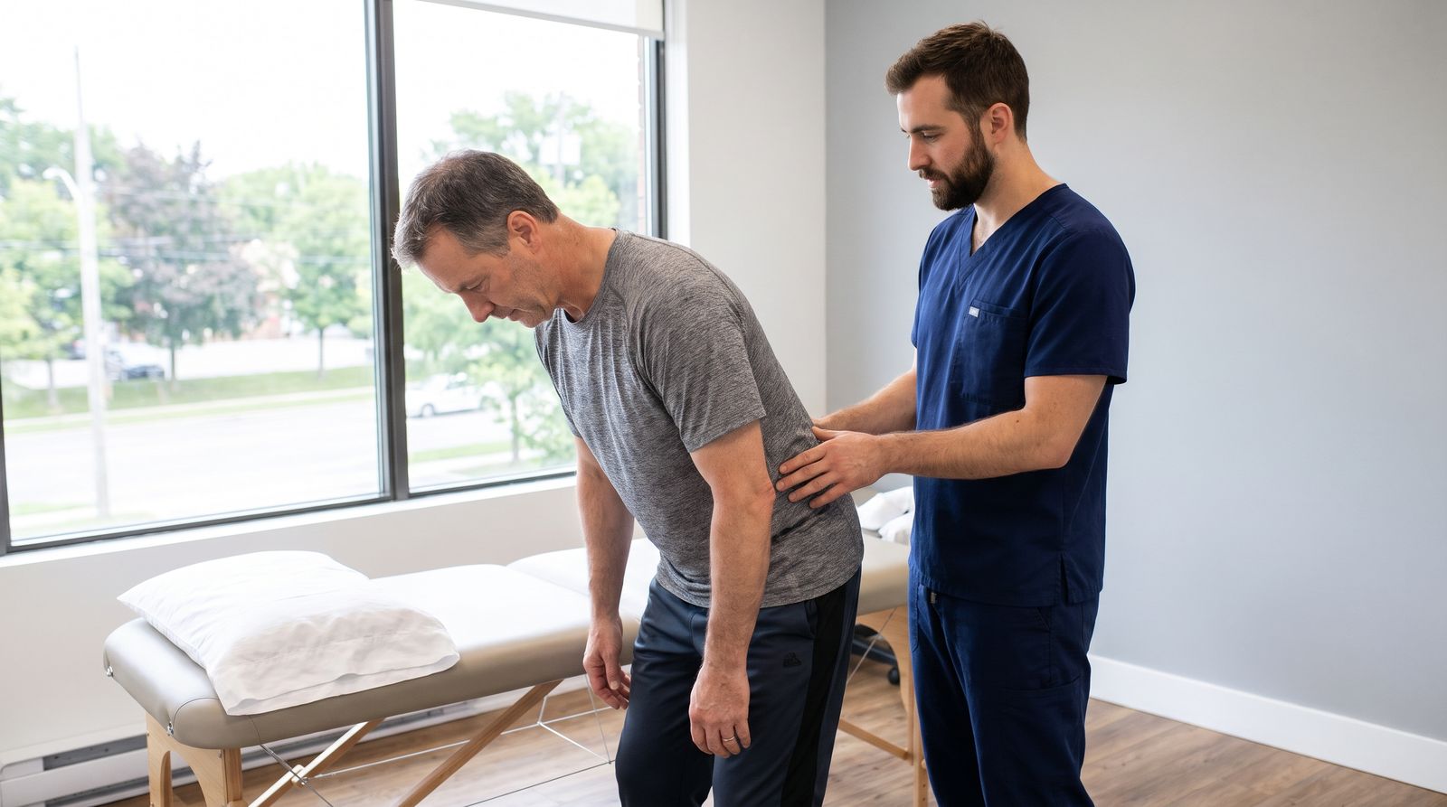 A clinician rests a hand on a patient's lower back as he bends forward during a back assessment