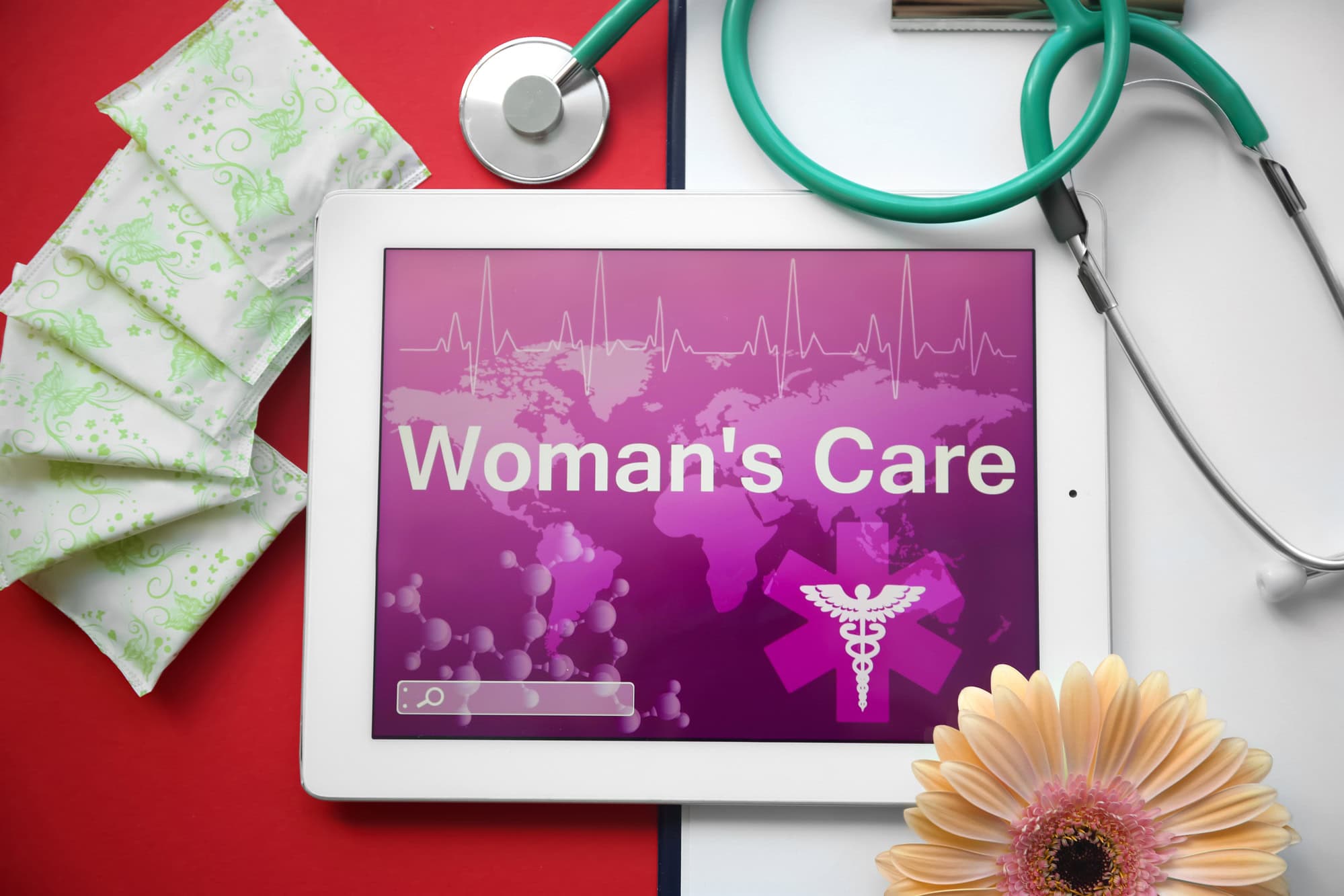 Flat lay composition with stethoscope tablet and menstrual pads on color background. Gynecological checkup